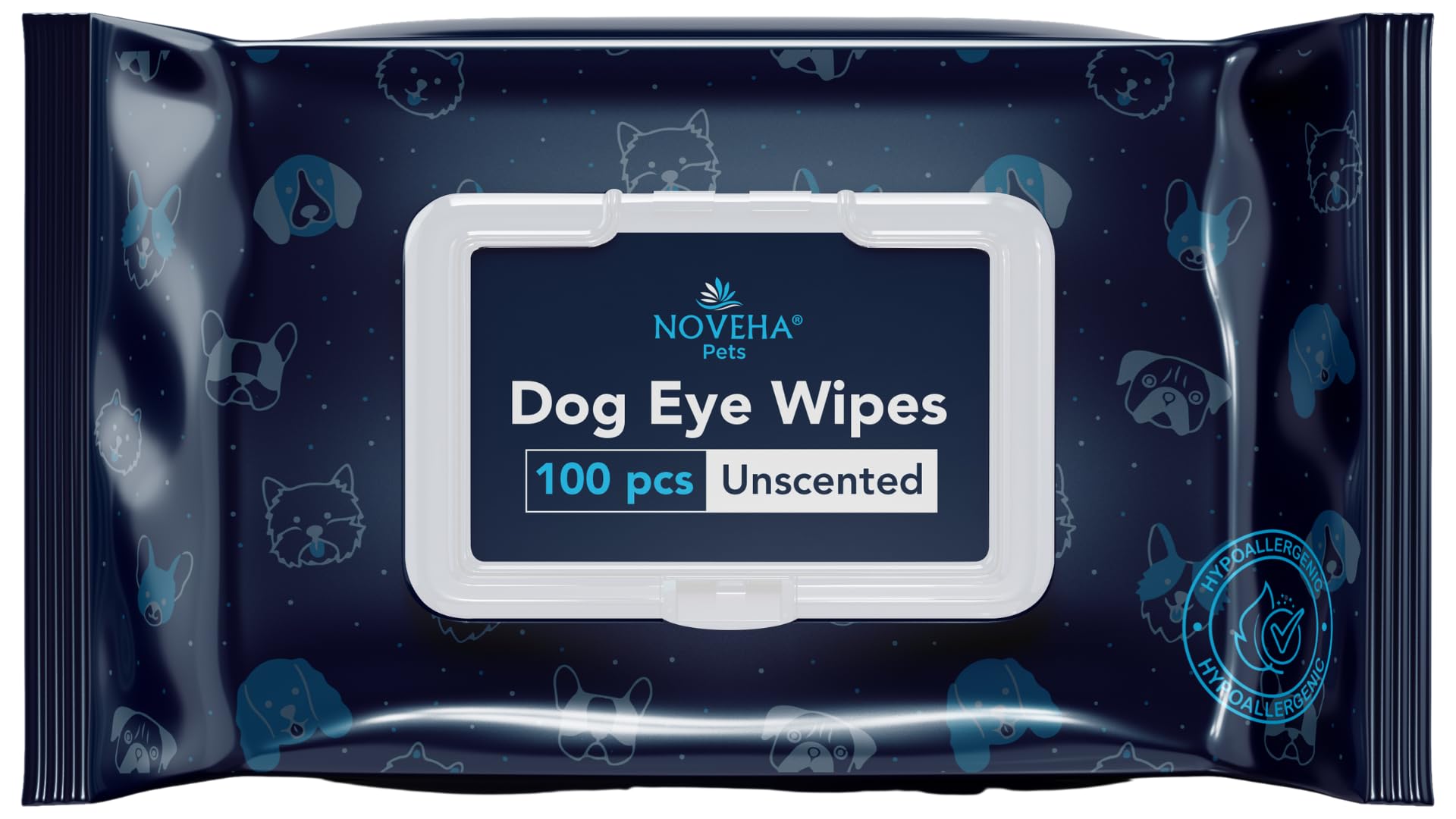 NOVEHA Dog Eye Wipes - Plant-Based Eye Wipes for Dogs - Formulated to Remove Eye Debris, Tear Stains & Eye Discharge - Safe, Convenient, and Large Unscented Wipes (100 Counts, Single Packaging)