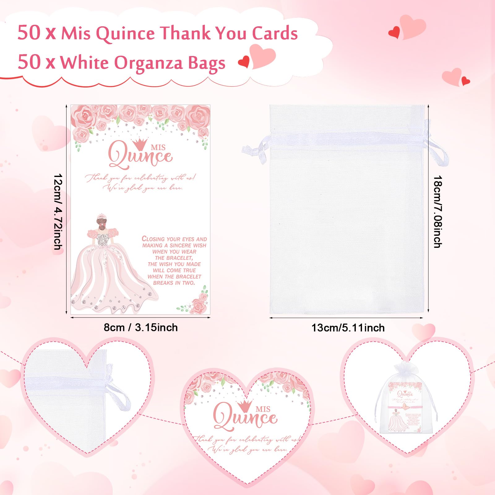 Wenqik 50 Set Quinceanera Gift for Guests Quinceanera Party Favors Butterfly Wish Bracelets Adjustable Butterfly Bracelet with Wish Cards Thank You Card and Organza Bag for 15 Year Birthday Supply