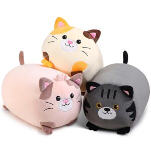 glikceil 3 pcs kitten plush toys set 14 inch cute cat stuffed animals bulk soft cuddly kitten plush pillow round kitty body pillow kawaii hugging pillows creative decoration for kids girls boys