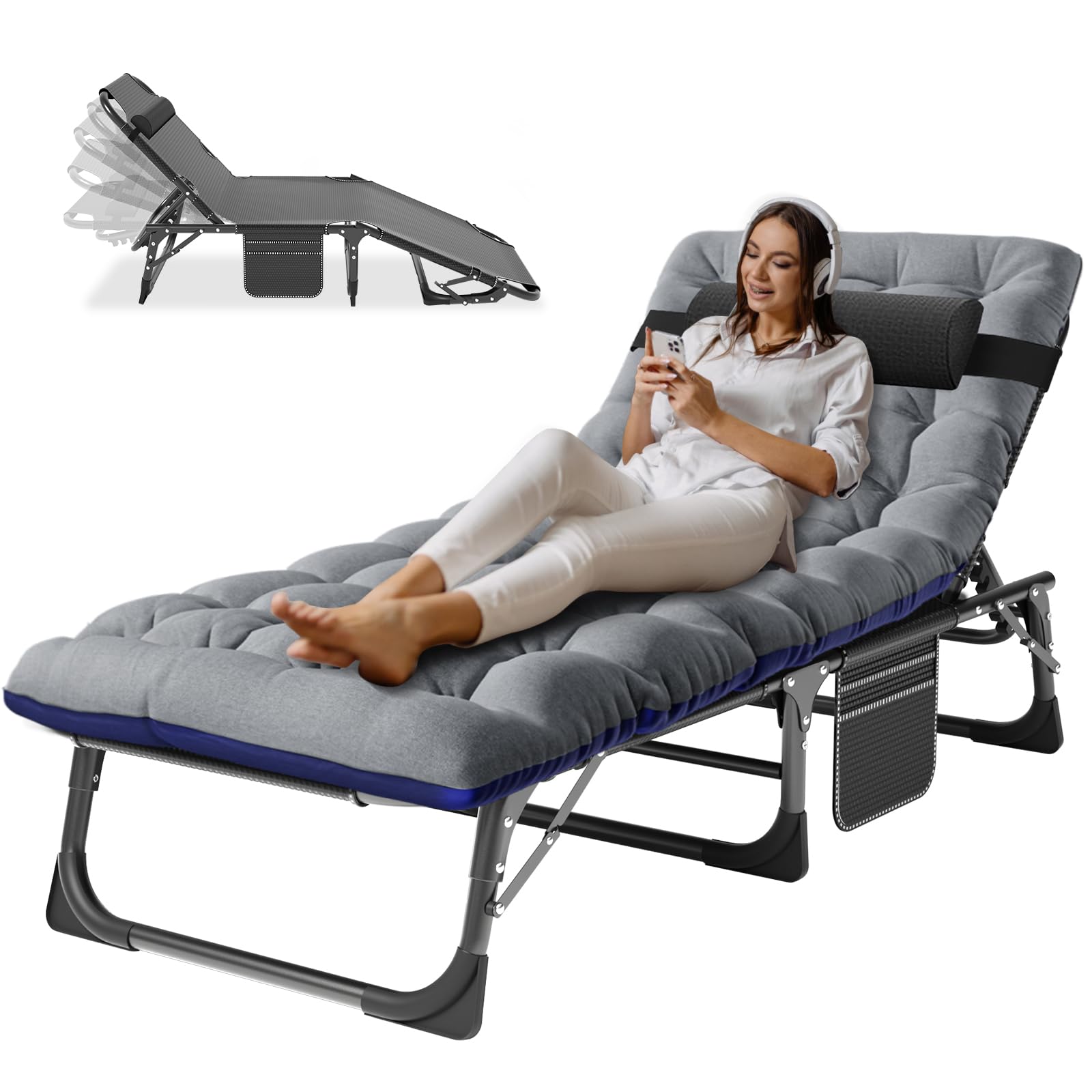 Barbella Folding Lounge Chair 5-Position, Folding Cot, Portable Outdoor Folding Chaise Lounge Chair for Sun Tanning, Perfect for Pool Beach Patio Sunbathing, Onesize, Dark Gray