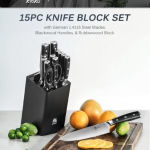 KYOKU Kitchen Knife Set with Block, German High Carbon Steel 15pc Knife Block Set, Samurai Series Knife Block with Knives for Kitchen, Professional Chef Knife Set with Sharpening Steel & Shears