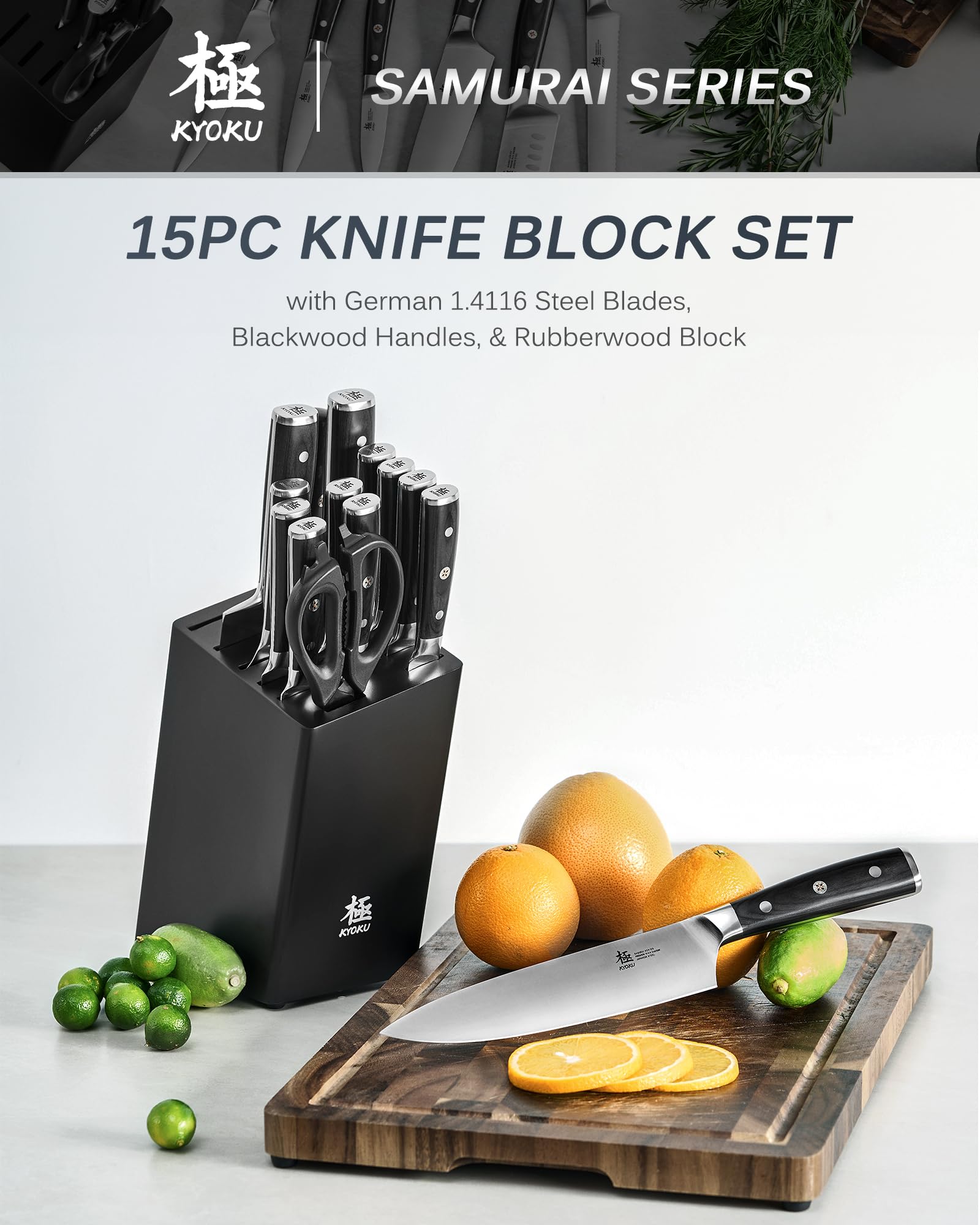 KYOKU Kitchen Knife Set with Block, German High Carbon Steel 15pc Knife Block Set, Samurai Series Knife Block with Knives for Kitchen, Professional Chef Knife Set with Sharpening Steel & Shears