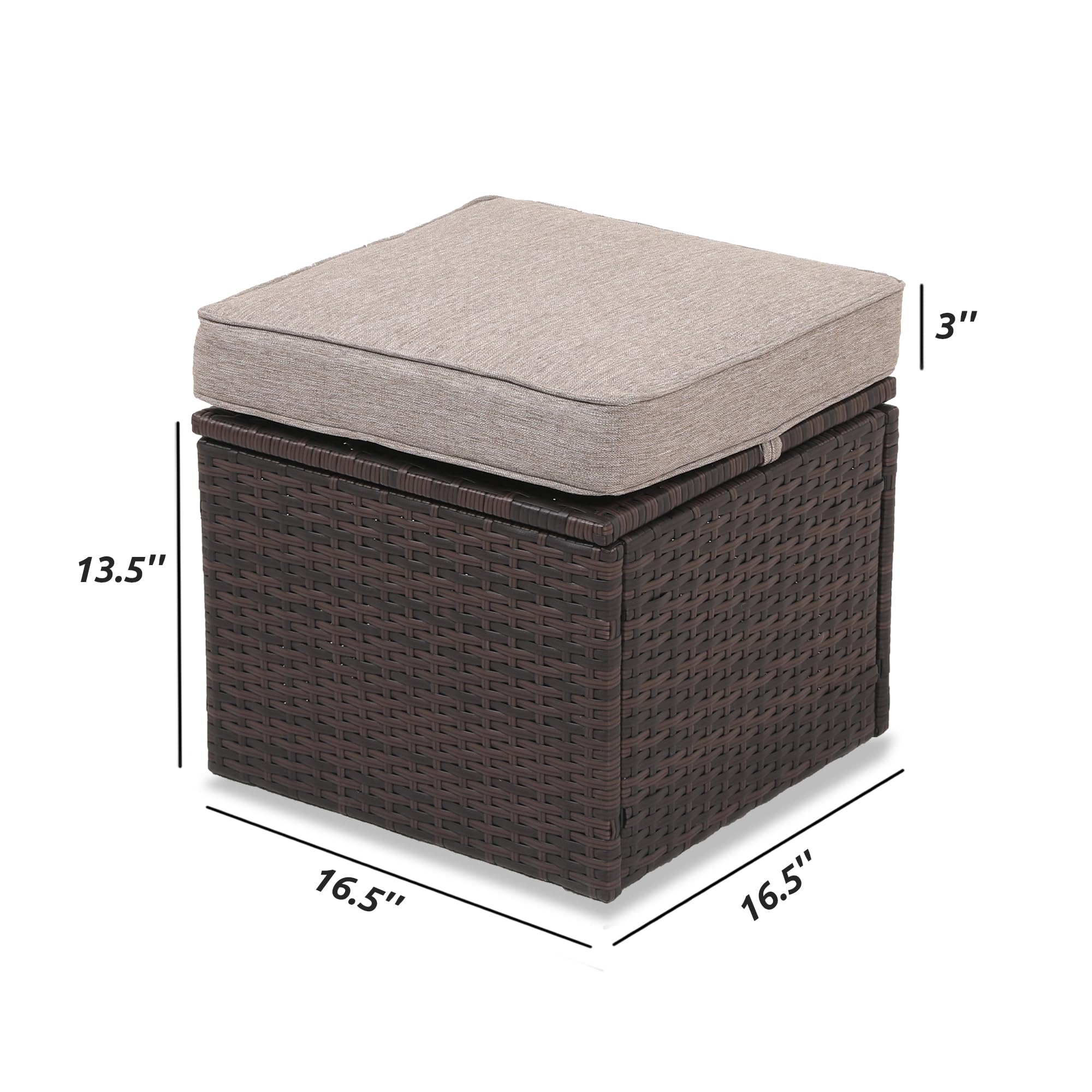 OPENAIRCOMFORT Premium Natural Flaxen/Brown 16.5" 2-Piece w/ 3" Fade-Proof Cushion, All-Weather Wicker Indoor/Outdoor Ottomans, PE Rattan Side Table & Footstools, Footrest, Ideal for Patio.