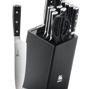 KYOKU Kitchen Knife Set with Block, German High Carbon Steel 15pc Knife Block Set, Samurai Series Knife Block with Knives for Kitchen, Professional Chef Knife Set with Sharpening Steel & Shears