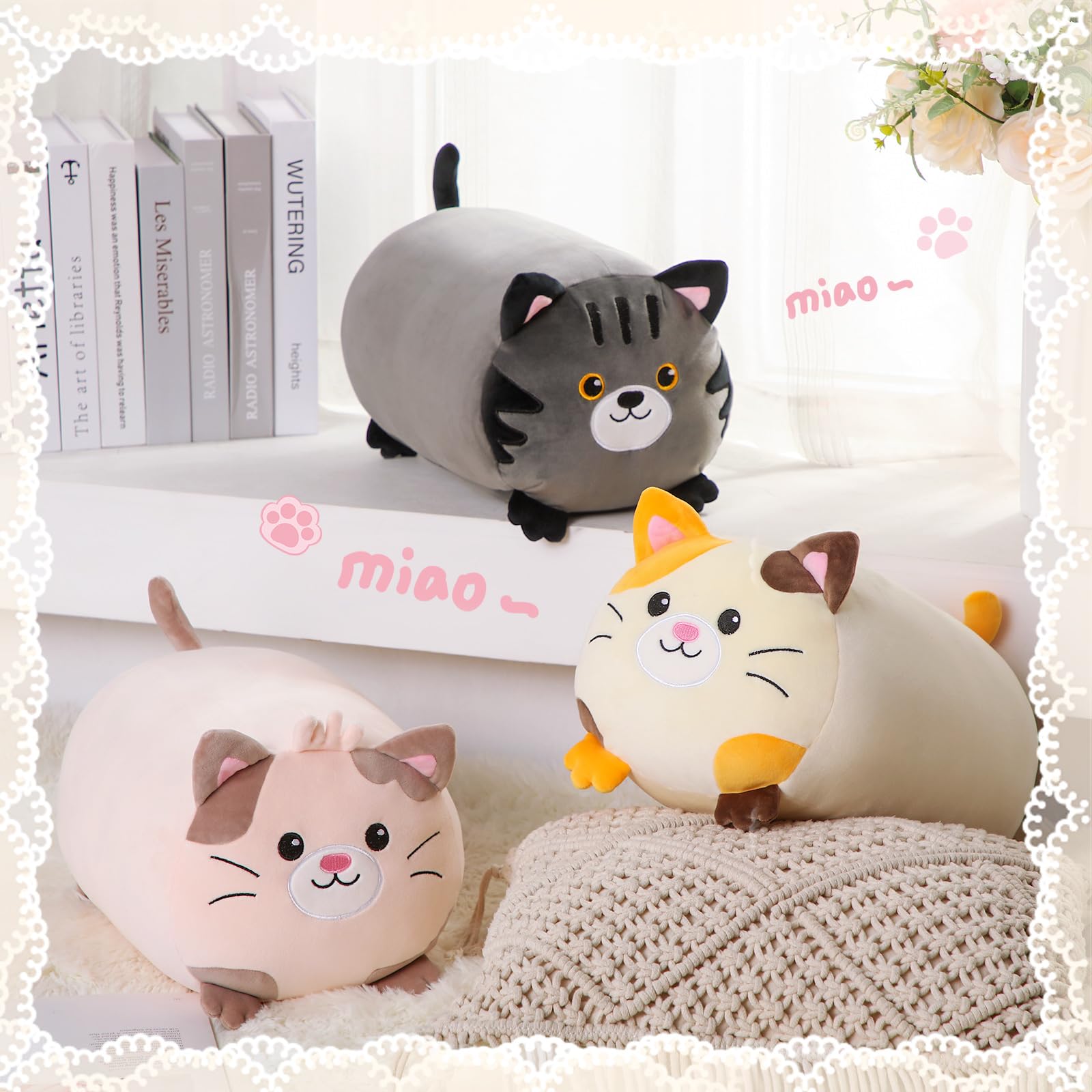 GlikCeil 3 Pcs Kitten Plush Toys Set 14 Inch Cute Cat Stuffed Animals Bulk Soft Cuddly Kitten Plush Pillow Round Kitty Body Pillow Kawaii Hugging Pillows Creative Decoration for Kids Girls Boys