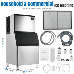 Commercial Ice Maker Machine 500LBS/24H, Stainless Steel 380LBS Large Storage Bin, 14x13 Ice Cube, for Restaurant/Bar/Business