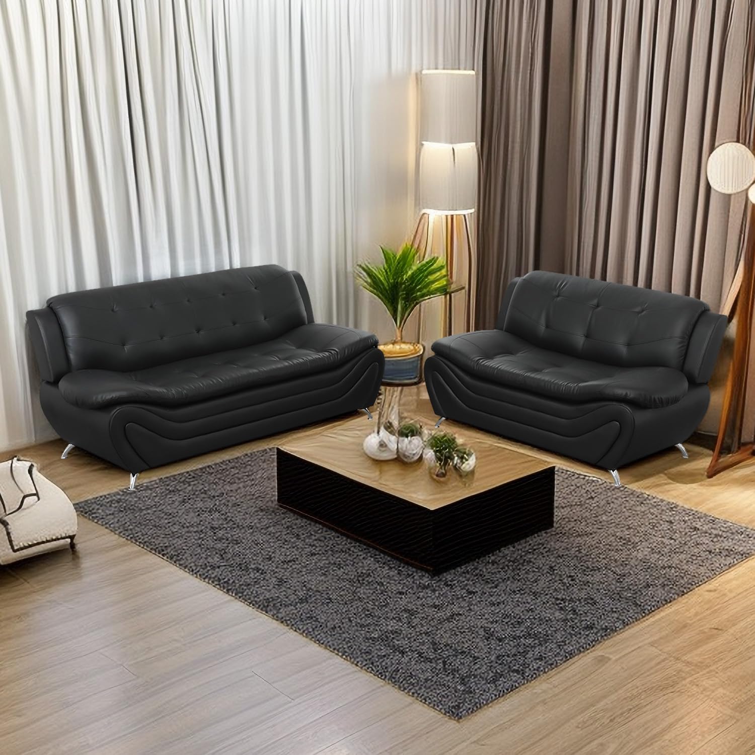 SIENWIEY Leather Couch Set, Living Room Couch Set, Black Modern 3 Seater Sofa and 2 Seater Loveseat 2 Piece Couch for Living Room Furniture Sets,Faux Leather