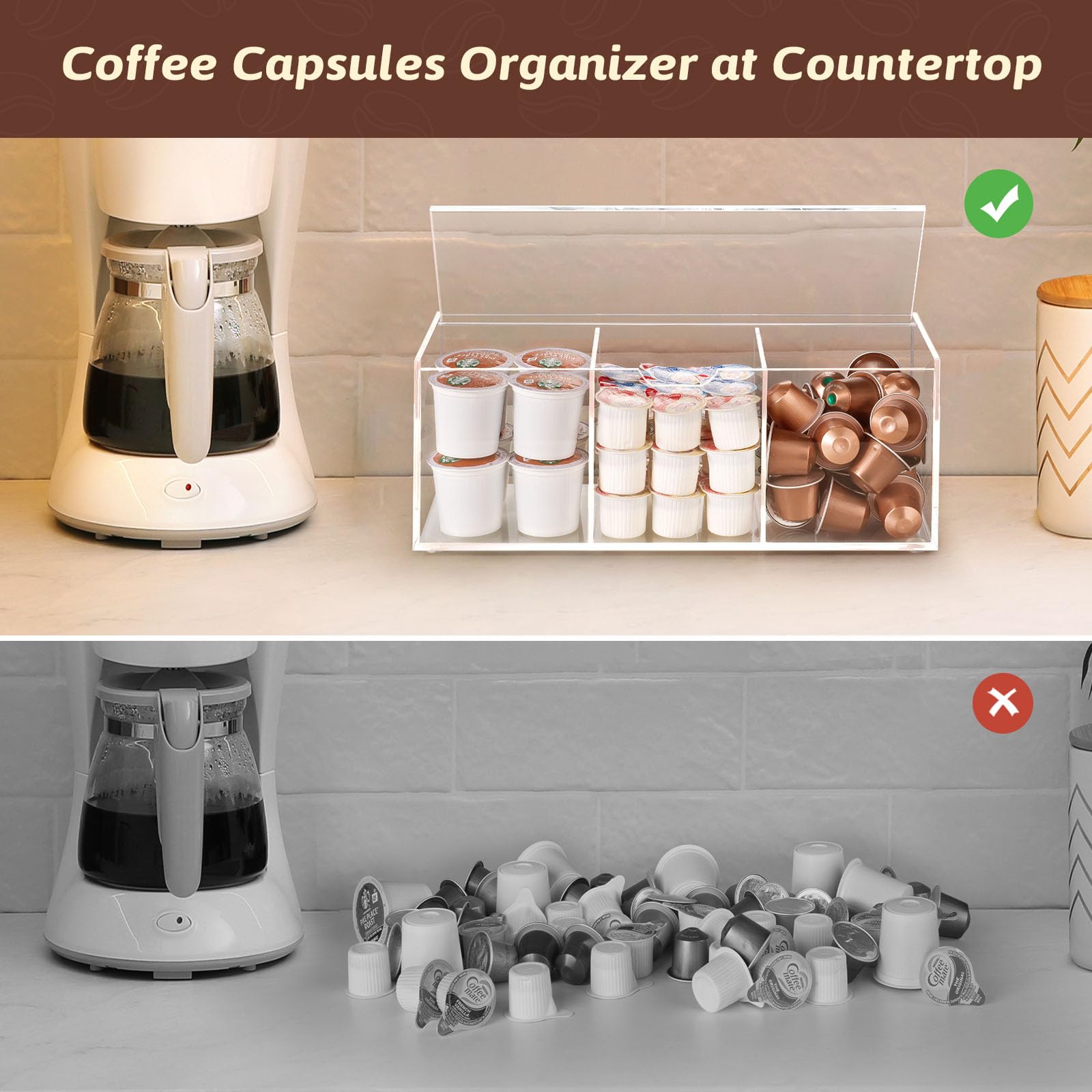 BEYGORM Acrylic Coffee Pod Holder with Lid for 24 Kcup, Clear Coffee Capsule Storage Organizer,3 Compartments Coffee Bar Station Organizer Compatible with Nespresso Pod,Creamer