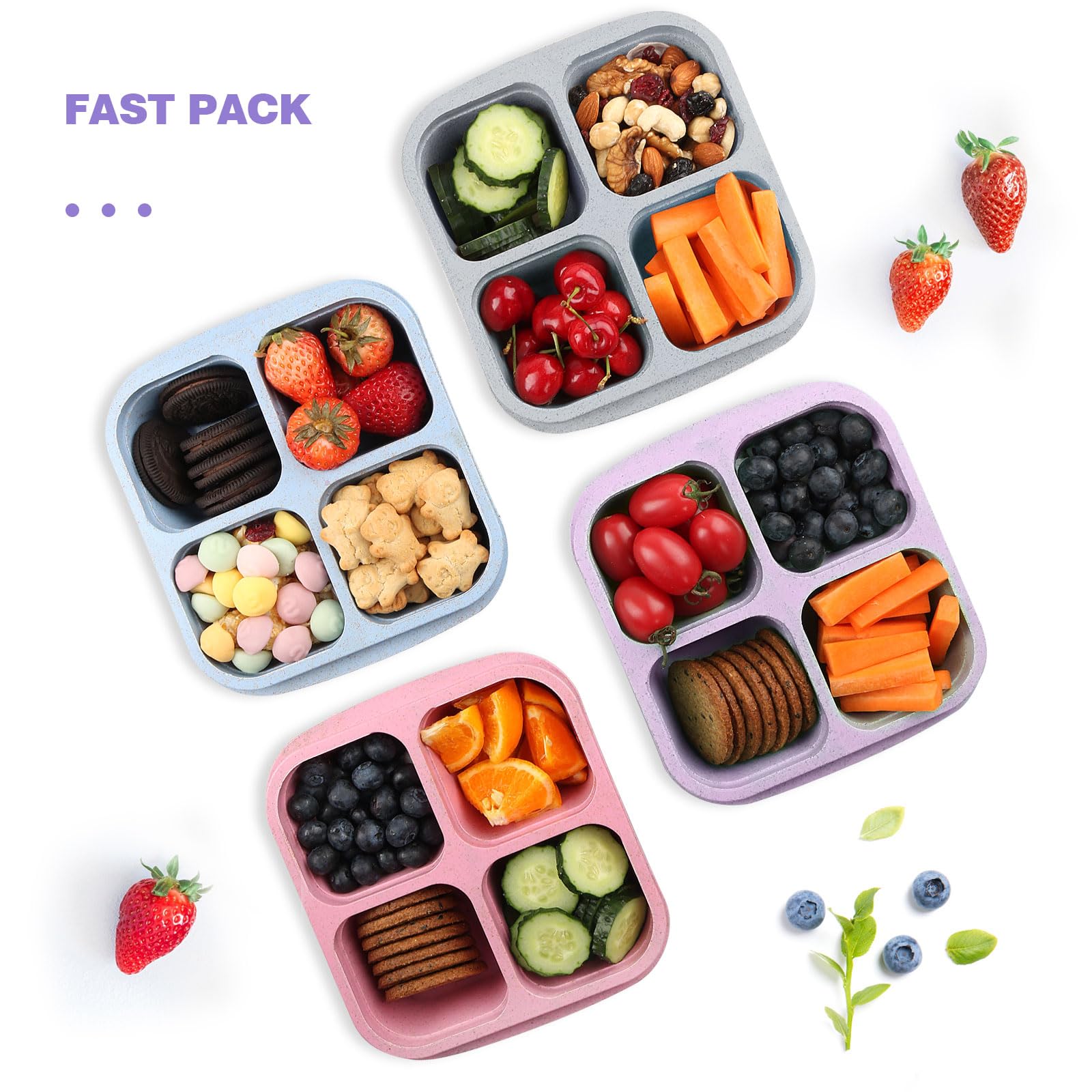 Snack Containers (4 Pack), 4 Compartments Snackle Box Container, Meal Prep Containers Reusable Lunch Containers for Adults, Microwave & Dishwasher Safe, Divided Bento Snack Box for Work, Travel