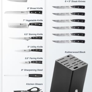 KYOKU Kitchen Knife Set with Block, German High Carbon Steel 15pc Knife Block Set, Samurai Series Knife Block with Knives for Kitchen, Professional Chef Knife Set with Sharpening Steel & Shears