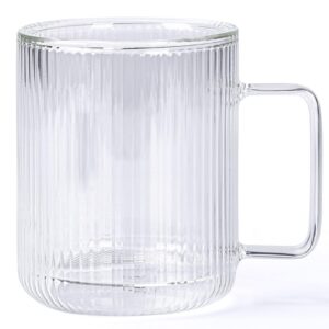 Schliersee Double Walled Glass Coffee Mug, 13.5 OZ Clear Ribbed Glassware Embossed Glass Cups with Handle for Cappuccino, Latte, Cereal, Yogurt, Beer, Milk, Hot or Cold Beverages Cup