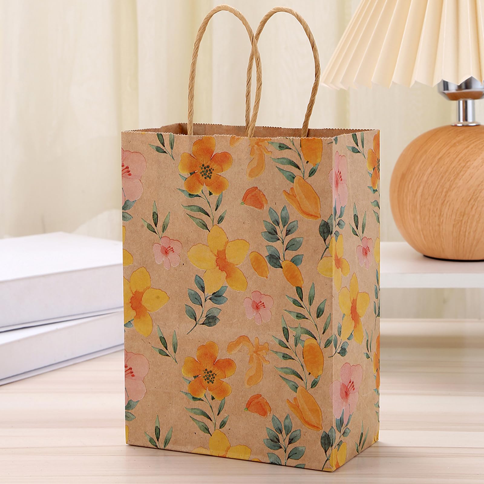 24pcs Floral Pattern Kraft Paper Bag Gift Bags with Handles for Party Favors, Mothers Day, Weddings, Birthday Celebration, Baby Shower,8.26×5.9×3.14inch