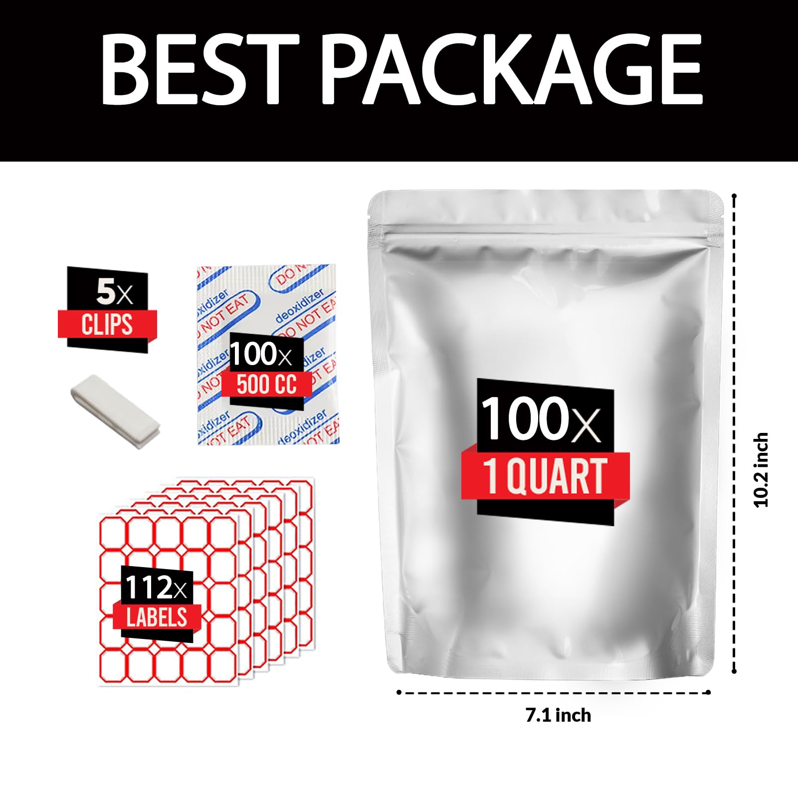 100pcs Quart Mylar Bags with 500cc Oxygen Absorbers-112 Labels & Stand-Up Reusable Bags- Airtight Smell Proof Bags- Resealable Bags with 5 Clips -10 MIL Food Storage Bags- Large Mylar Bags