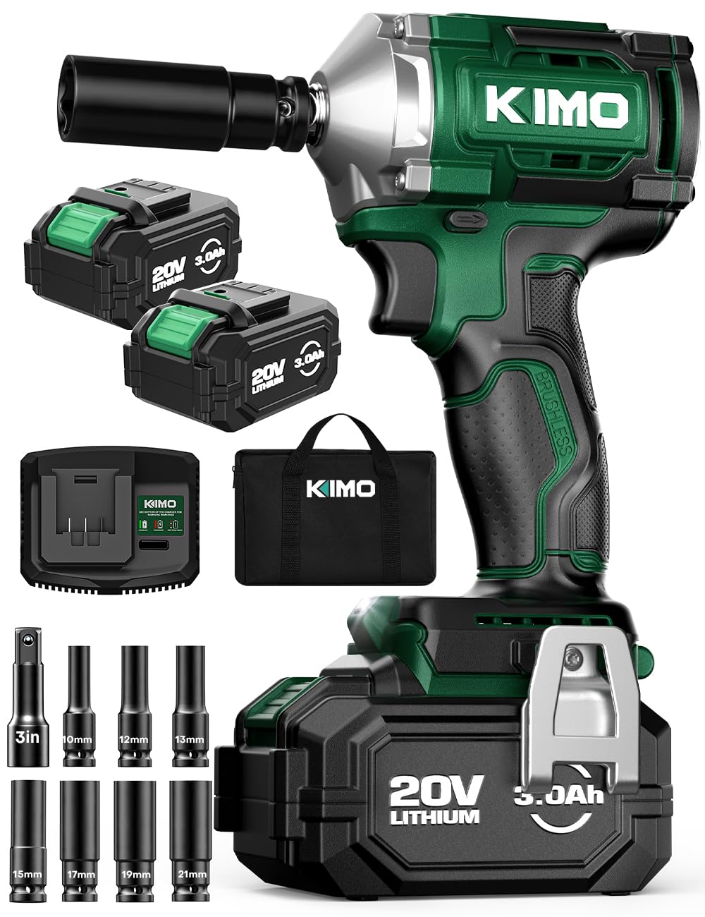 KIMO Impact Wrench 1/2 Inch with 814N.M/600ft-lbs Max Torque, 3 Mode Setting, 2 x 3000mAh Batteries, 3000 RPM, 1 Hour Fast Charger, 1/2 Impact Gun with Variable Speeds, 20V Impact Driver for Car Home