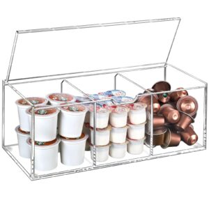 beygorm acrylic coffee pod holder with lid for 24 kcup, clear coffee capsule storage organizer,3 compartments coffee bar station organizer compatible with nespresso pod,creamer