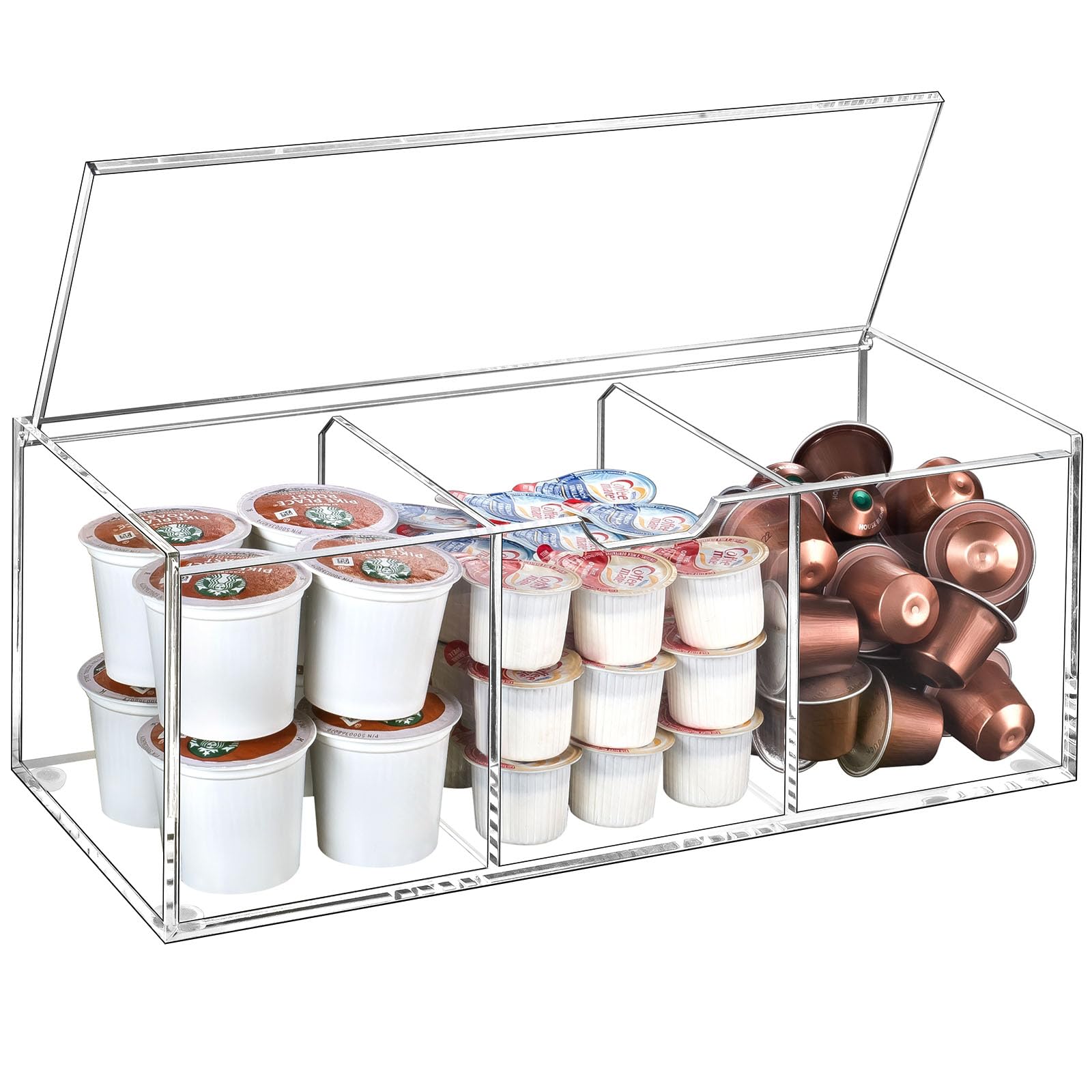 BEYGORM Acrylic Coffee Pod Holder with Lid for 24 Kcup, Clear Coffee Capsule Storage Organizer,3 Compartments Coffee Bar Station Organizer Compatible with Nespresso Pod,Creamer