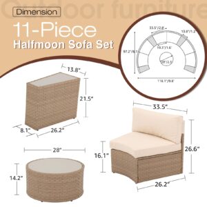 SUNSITT Outdoor Sectional Set 11-Piece Half Moon Patio Furniture Natural Color Wicker Sofa Creamy White Cushions with 4 Side Table and 4 Pillows