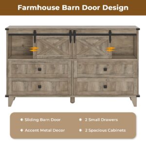 Hasuit Farmhouse 6 Drawers Dresser for Bedroom, Retro Chest of Drawers with Sliding Barn Door, Bedroom Long Storage Dressers Organizer, Rustic Oak