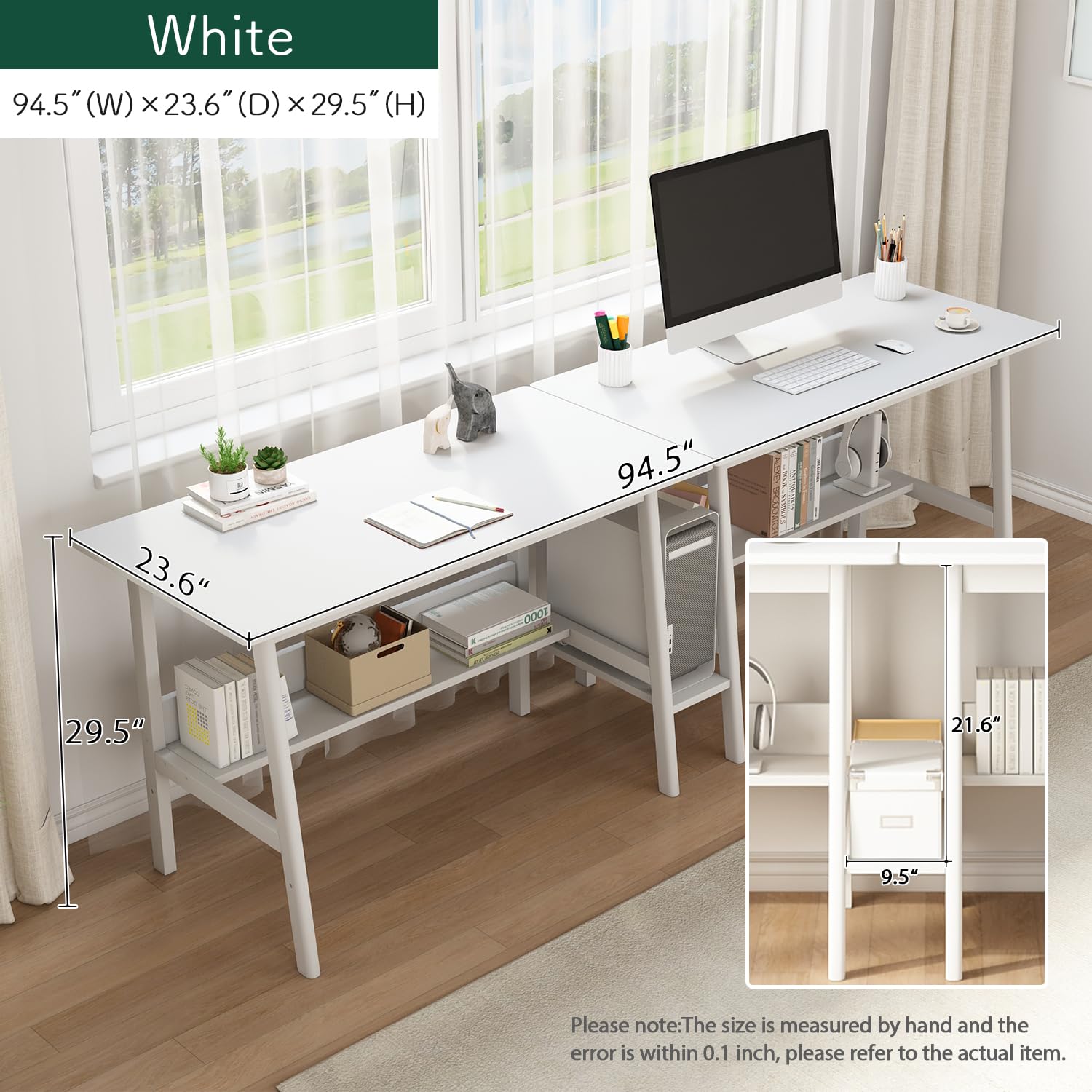 NELYE 2-Person Writing Desk with Bookshelf - 94" Wooden Extra Long Home Office Work Table, Double Study Computer Workstation with Storage Shelves in White, 94" W x 24" D