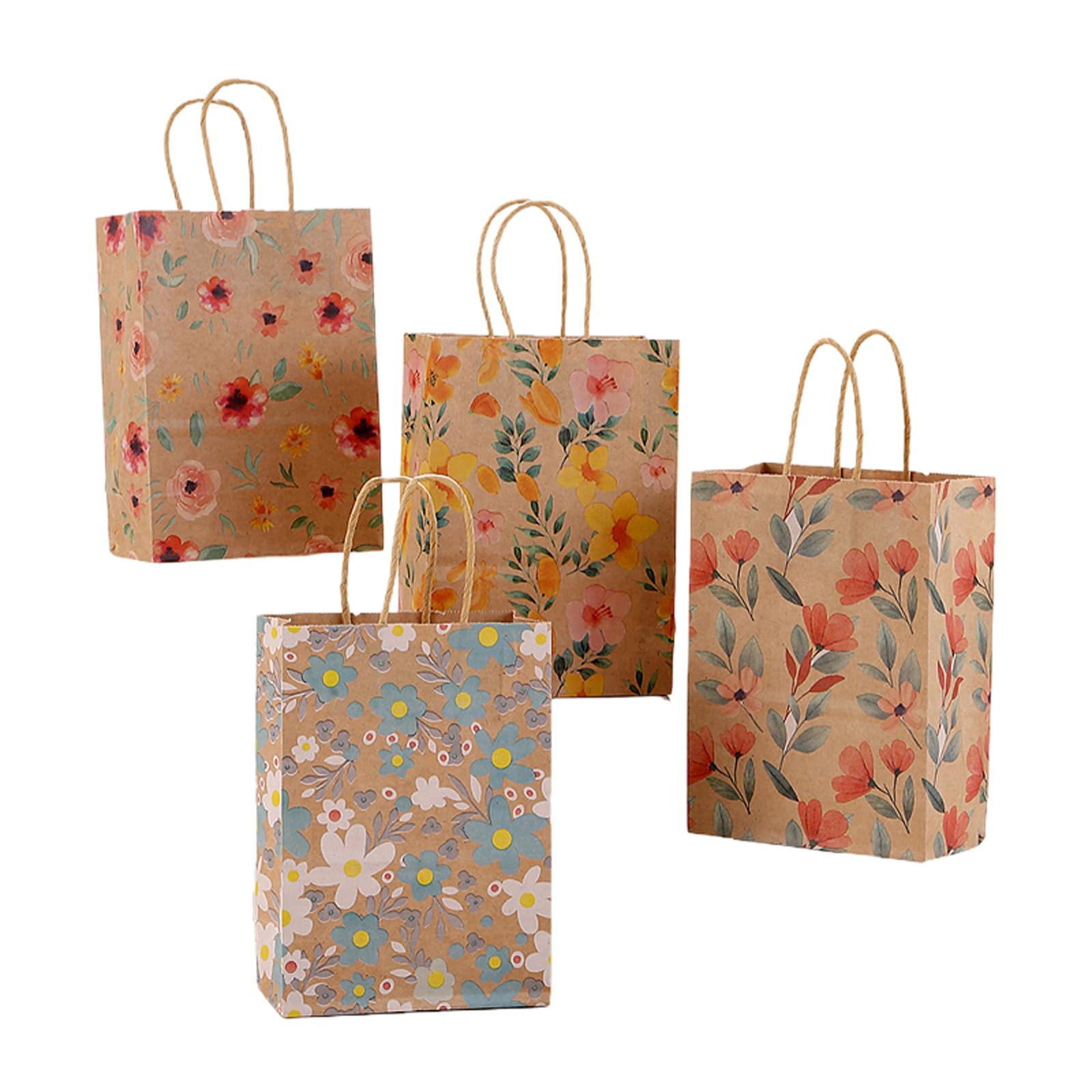 24pcs Floral Pattern Kraft Paper Bag Gift Bags with Handles for Party Favors, Mothers Day, Weddings, Birthday Celebration, Baby Shower,8.26×5.9×3.14inch