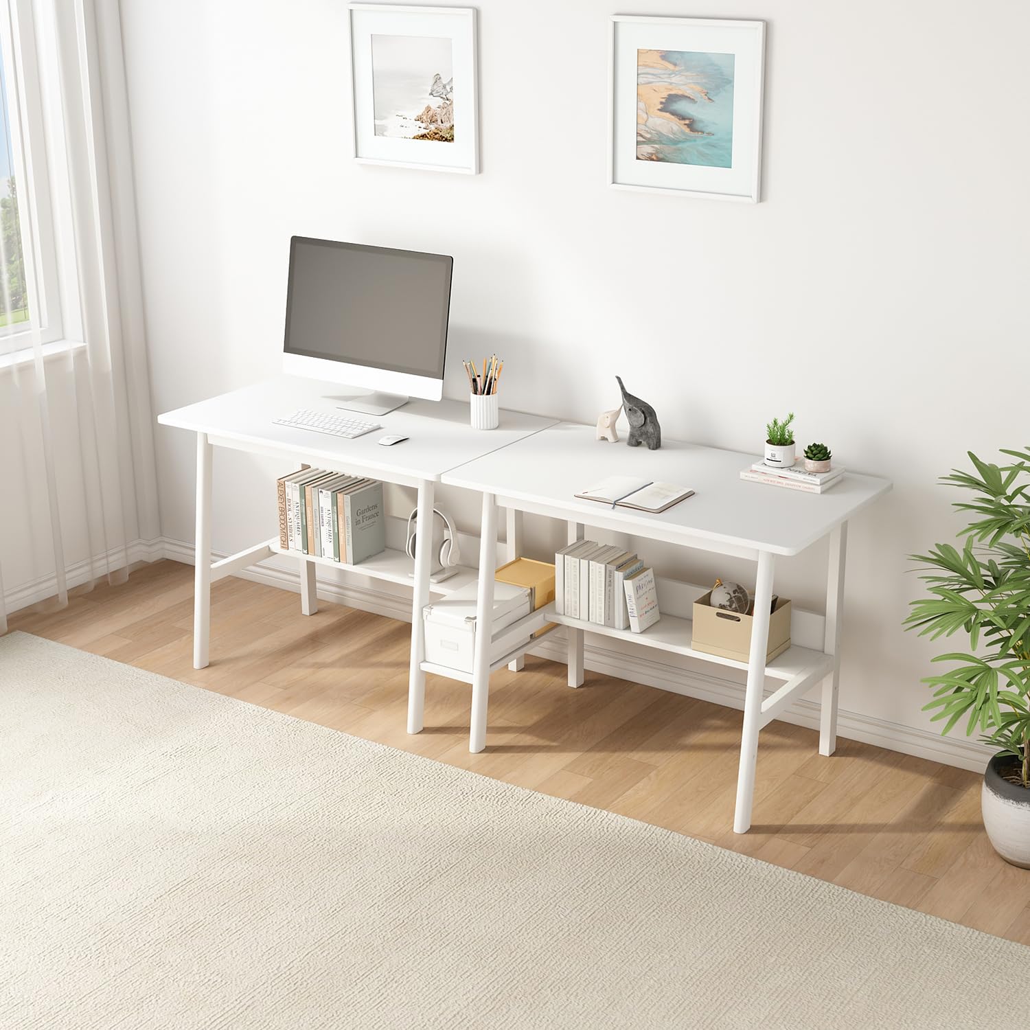 NELYE 2-Person Writing Desk with Bookshelf - 94" Wooden Extra Long Home Office Work Table, Double Study Computer Workstation with Storage Shelves in White, 94" W x 24" D