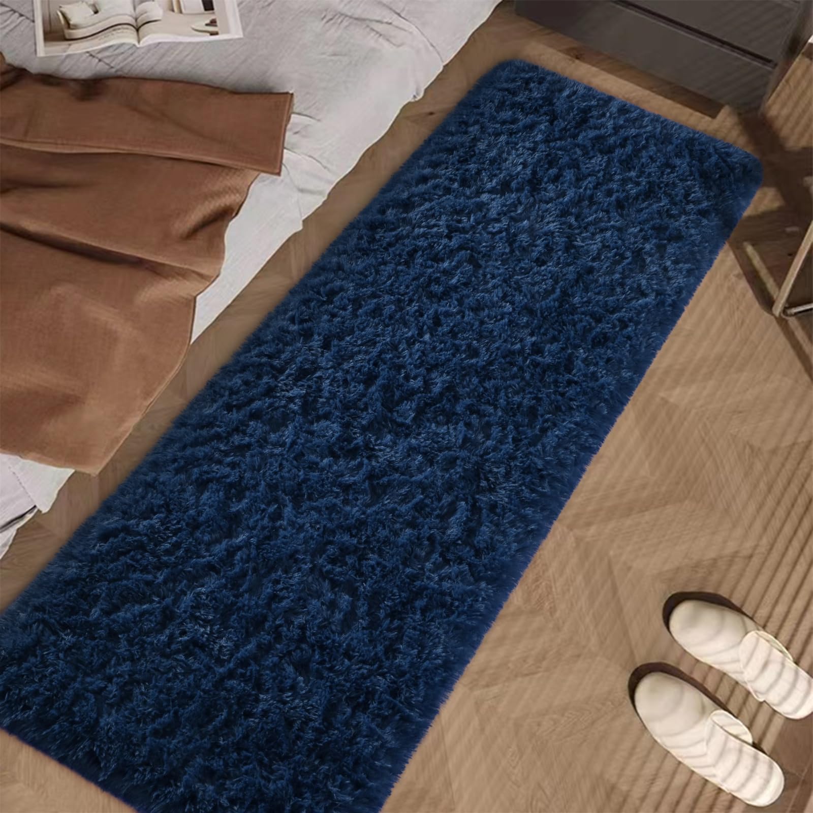 FALARK Soft Navy Blue Runner Rugs for Bedroom, 2x4 ft Bedside Rug Plush Fluffy Carpets, Shag Furry Modern Area Rug Carpet for Living Room Girls Kids Room Nursery Home Decor, Navy Blue