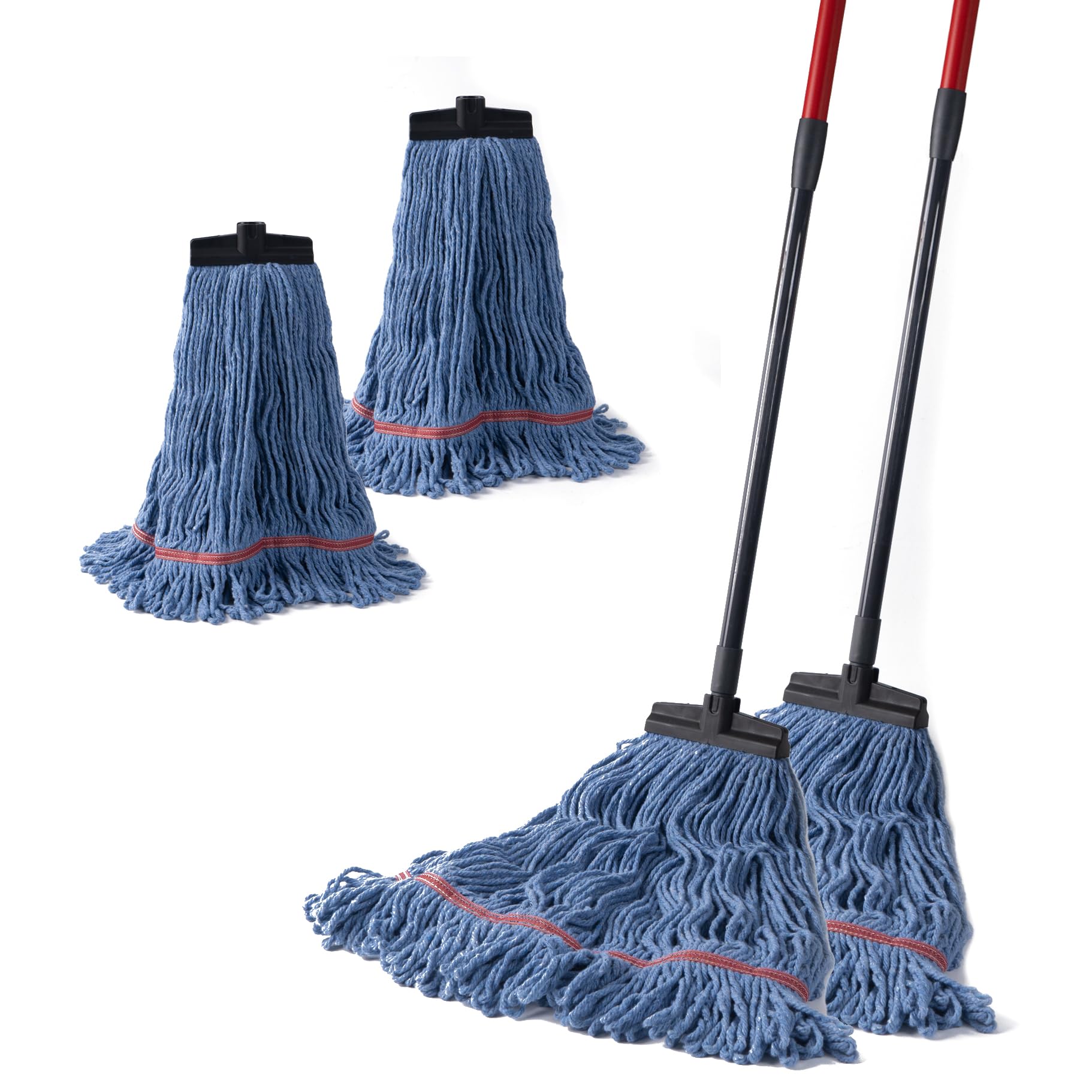 Matthew Commercial&Residential Mop Heavy Duty Industrial Mops with Screw-on Handle(Fit Standard American Screw) Looped-End String Wet Cotton Mops for Home,Office,Workshop - 2 Set&2 Mop Replacements