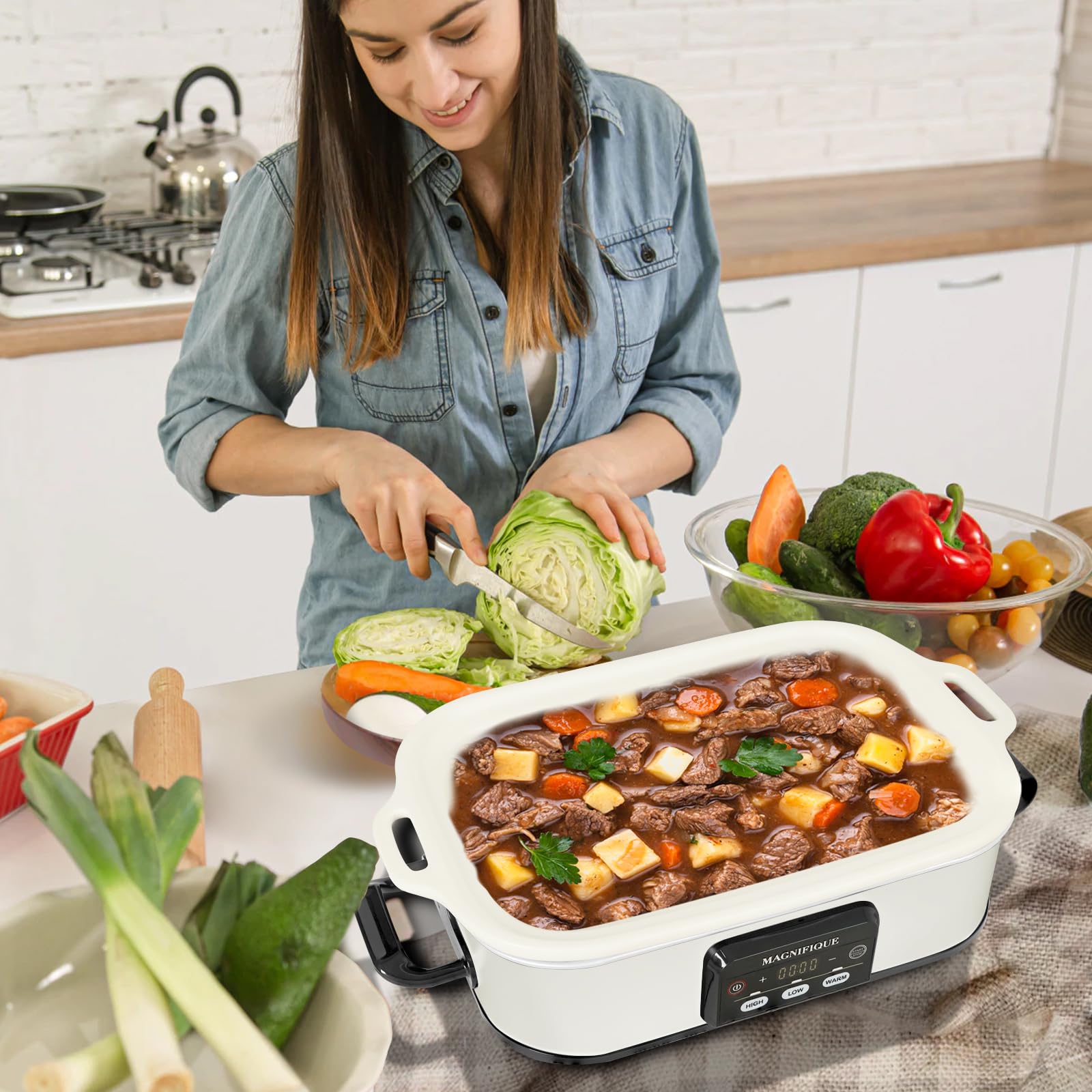 HOMECOOKIN 4 Quart Casserole Programmable Slow Cooker with Ceramic Baking Dish - Perfect Kitchen Small Appliance for Family Dinners, Oven Safe and Durable Bakeware for Lasagna, Roasts (White)