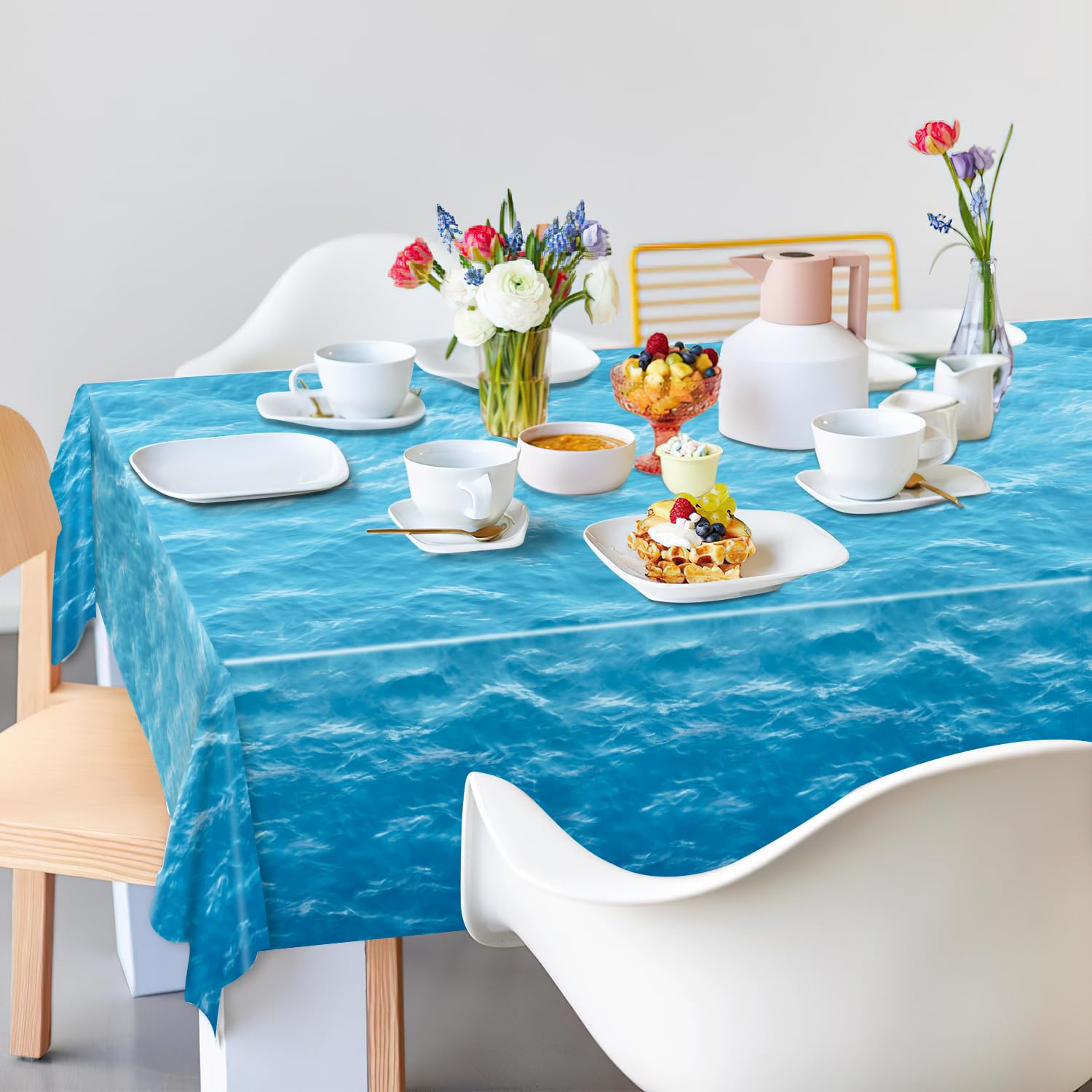 3 Pieces Ocean Waves Tablecloth 54 x 108 Inch Water Print Plastic Table Cover Ocean Party Table Cloths for Beach Pool Birthday Under The Sea Party Decorations Supplies