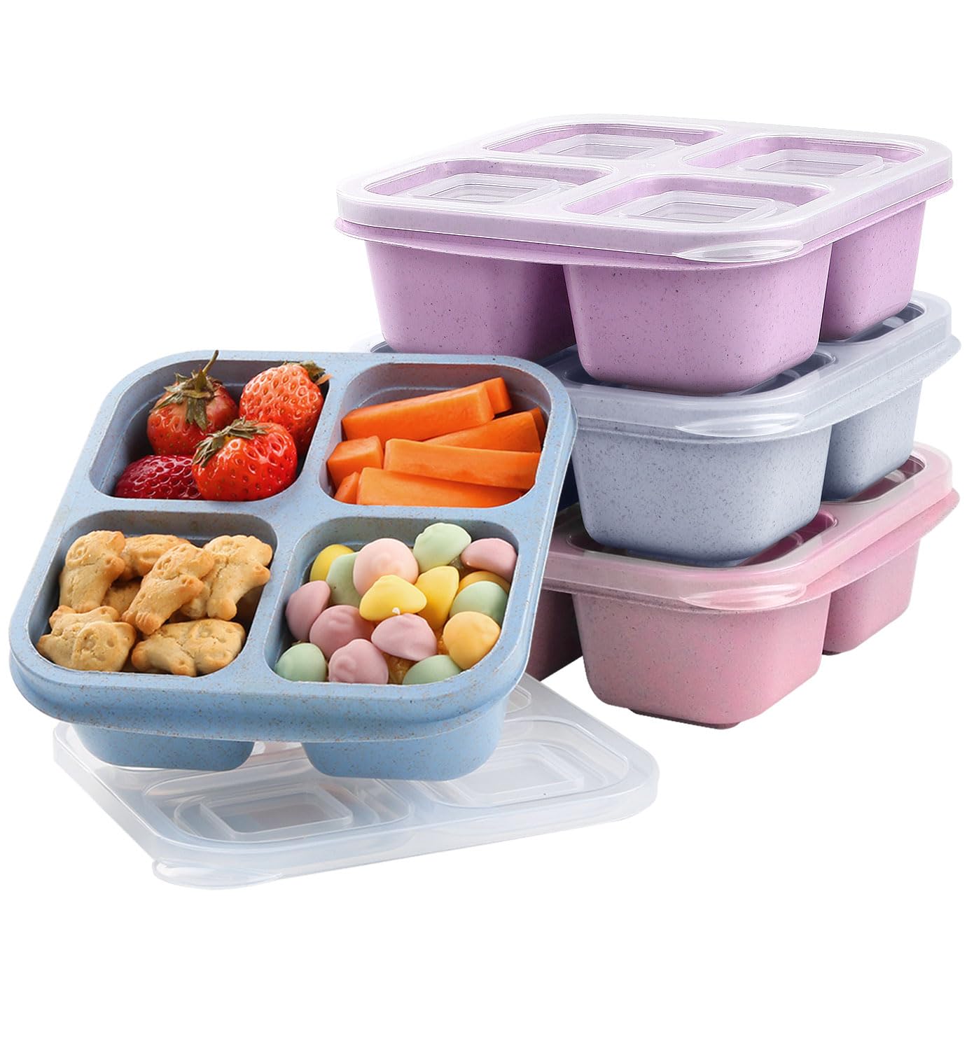 Snack Containers (4 Pack), 4 Compartments Snackle Box Container, Meal Prep Containers Reusable Lunch Containers for Adults, Microwave & Dishwasher Safe, Divided Bento Snack Box for Work, Travel