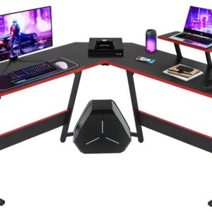 NChanmar L Shaped Gaming Desk, Computer Corner Desk with Monitor Riser Stand, Home Office Desk Corner Desk for Studying, Working, L Desk with Large Desktop, Black