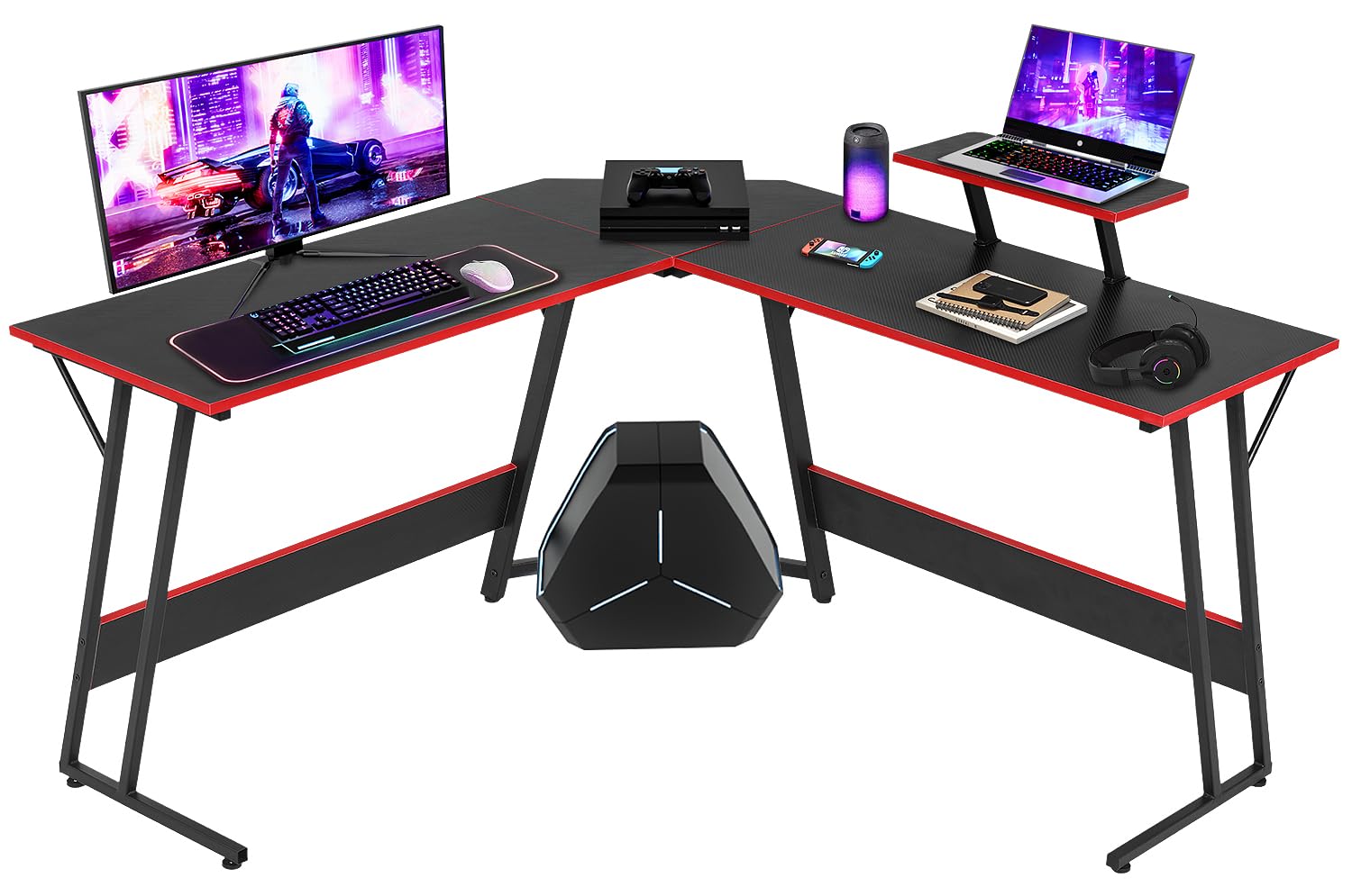 NChanmar L Shaped Gaming Desk, Computer Corner Desk with Monitor Riser Stand, Home Office Desk Corner Desk for Studying, Working, L Desk with Large Desktop, Black