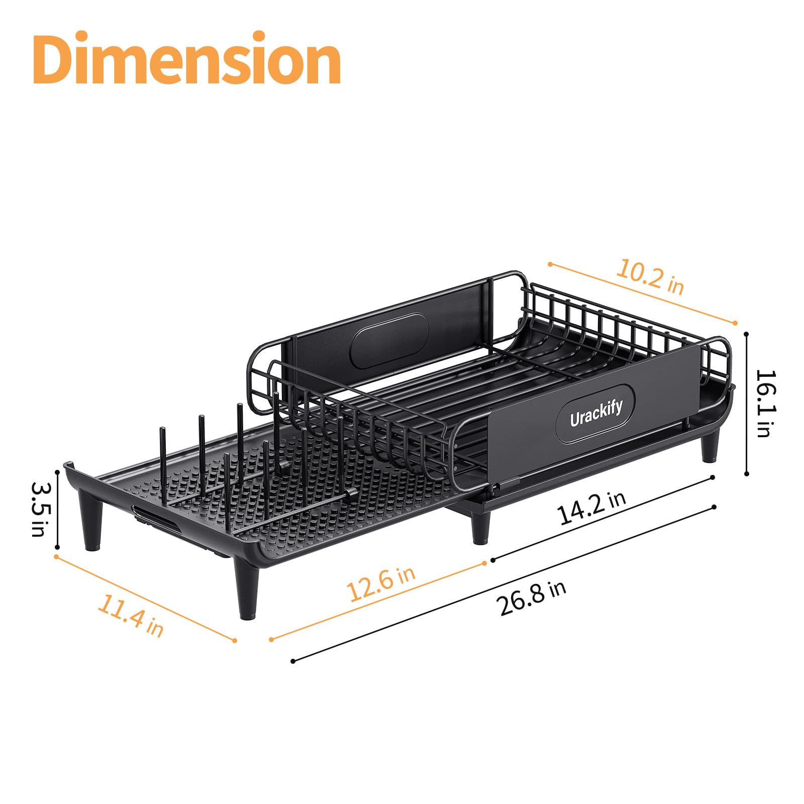 Urackify Dish Drying Rack, Expandable Dish Rack for Kitchen Countertop, Large Extendable Dish Drainer with Pan & Pot Holder, Foldable Multifunctional Dish Strainer with Cup & Utensil Holder, Black