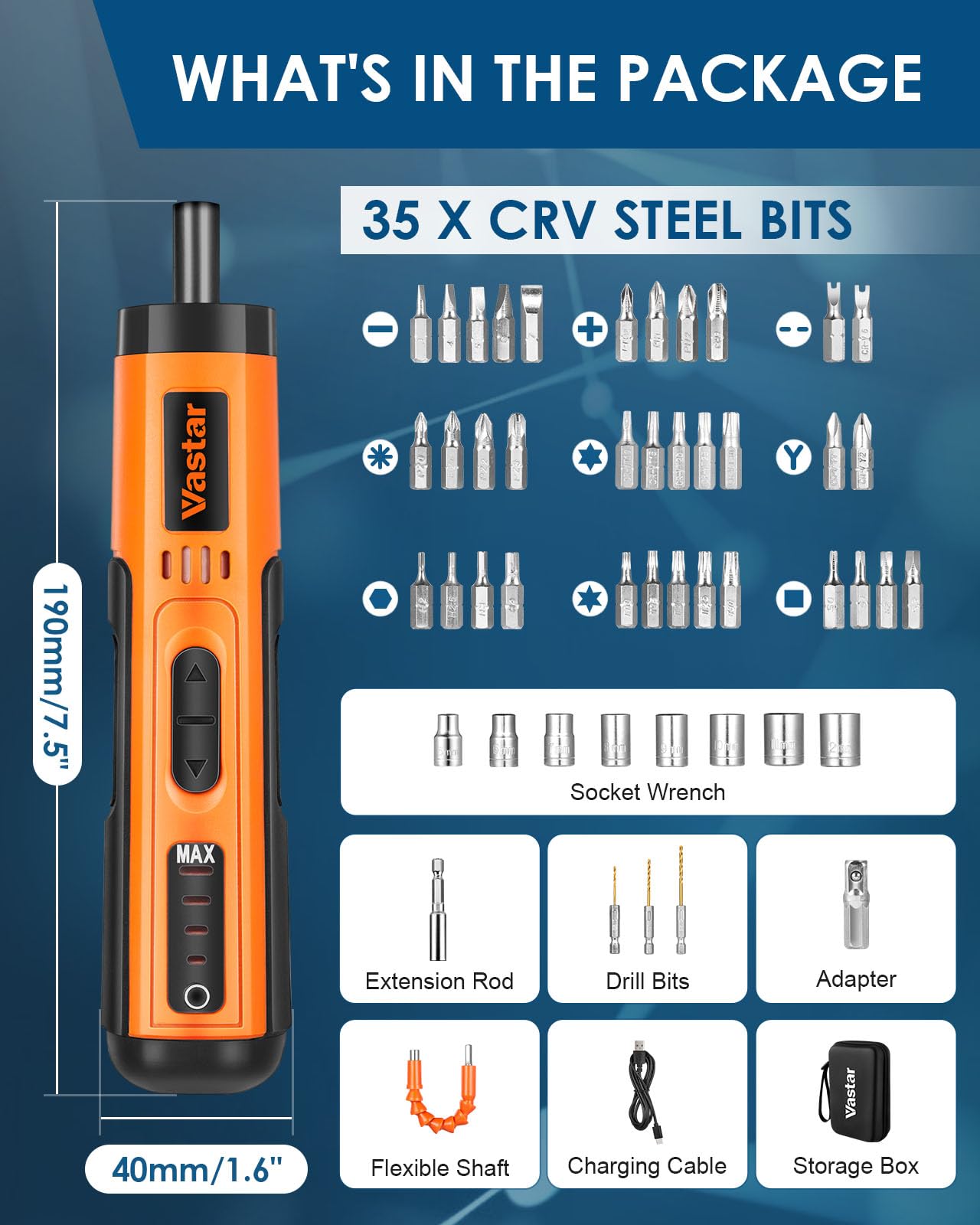 Vastar 4.2V Electric Screwdriver Kit, 4 Torque Settings, 49 in 1 Cordless Rechargeable Screwdriver with LED Light, 35 CRV Steel Screwdriver Bits, 8 Sockets, Magnetic Hex Chuck, Bit Holders