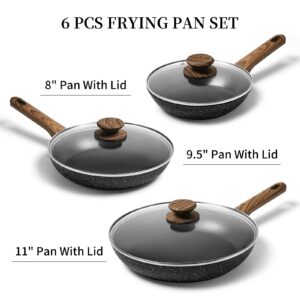 Frying Pan Set With Lids - Non Stick Frying Pans Set 3 Pcs, Nonstick Skillet Pans Set Egg Omelette Pan W/Lid, PFOA Free, Induction Non Toxic Cooking Black Pan Set