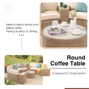 SUNSITT Outdoor Sectional Set 11-Piece Half Moon Patio Furniture Natural Color Wicker Sofa Creamy White Cushions with 4 Side Table and 4 Pillows