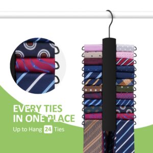 Upgraded Tie Rack Hanger for Closet with 24 Metal Hooks, Space Saving Necktie Organizer for Men, Sturdy Wooden Large Capacity Tie Holder, Closet Organizers and Storage, Black