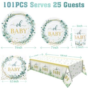 Gudvilla Sage Green Baby Shower Plates and Cups and Napkins Sets, with Sage Green Tablecloth, Baby Shower Decorations Neutral, Oh Baby Plates for Boho Baby Shower Decorations Sage Green, Serves 25