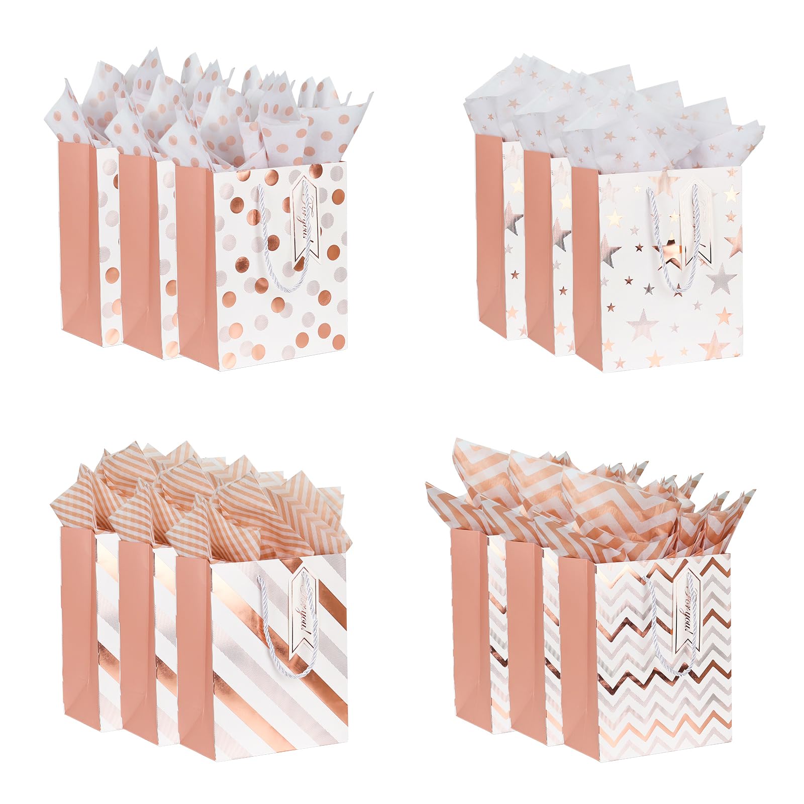 Dimetey 12pcs 9" Gift Bags, Medium Size Paper Bags with Tissue Paper, White Gold Wrap Paper Gift Bags with Handles for Shopping Party Wedding Baby Shower Holiday Presents (Rose Gold)