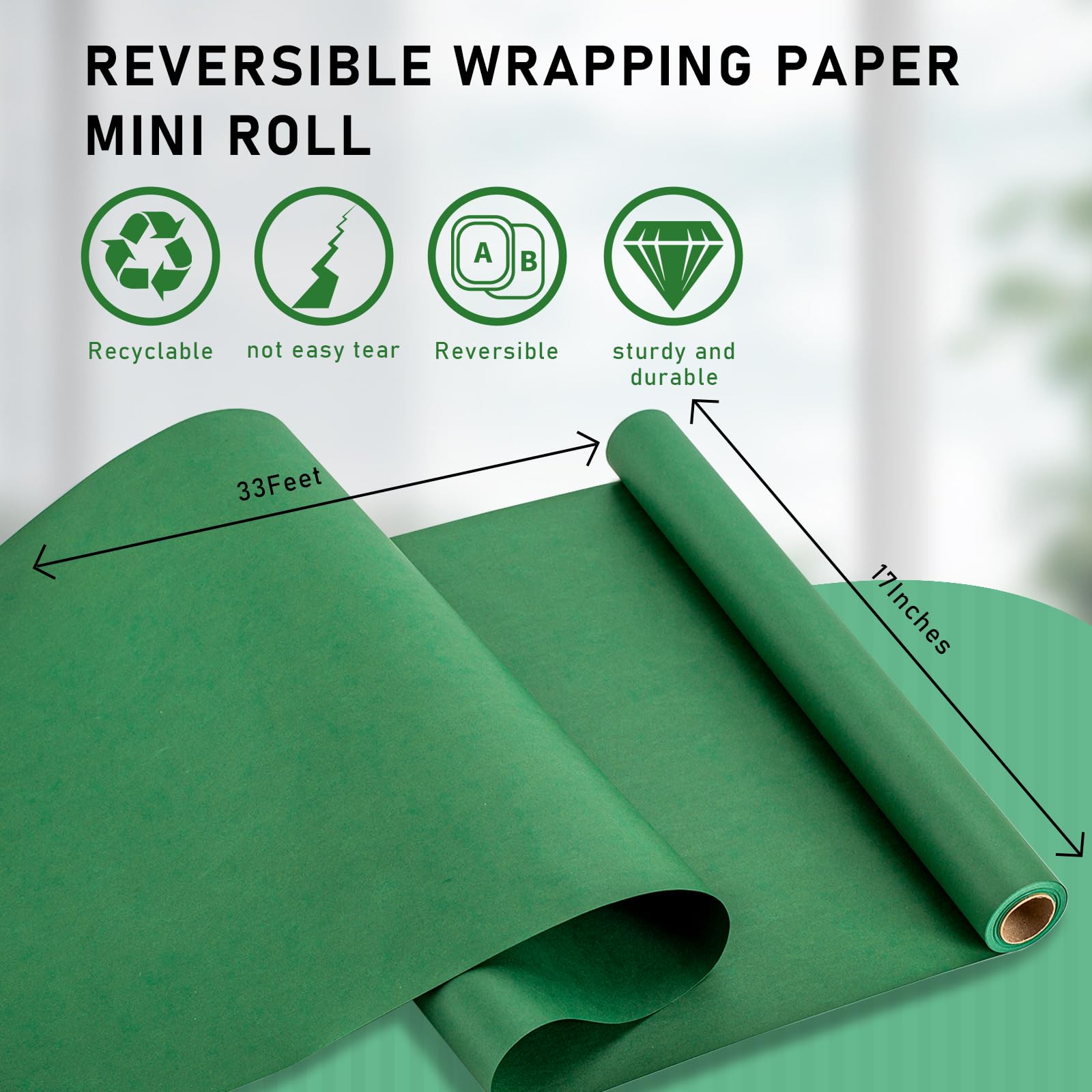 Matte Green Recycled Kraft Wrapping Paper - 46.8 Sq Ft Reversible Packing Moving Thick Paper Roll for Gift Wrap Bulletin Board Bouquet Flower Kids Wall Art Craft Table Runner - 17 Inches x 33 Ft