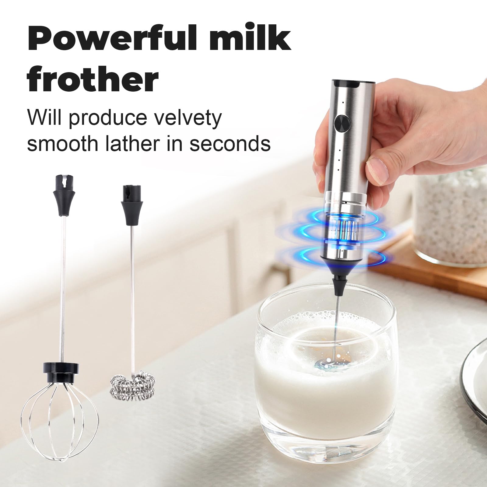 JOUEURER Kitchen Milk Frother With 2 Heads, USB C Fast Charging Handheld 3-Speed Latte Frother - Home Coffee Blender, Matcha, Hot Chocolate, Cappuccino, Creamer, Smoothie & Egg Mini Frother