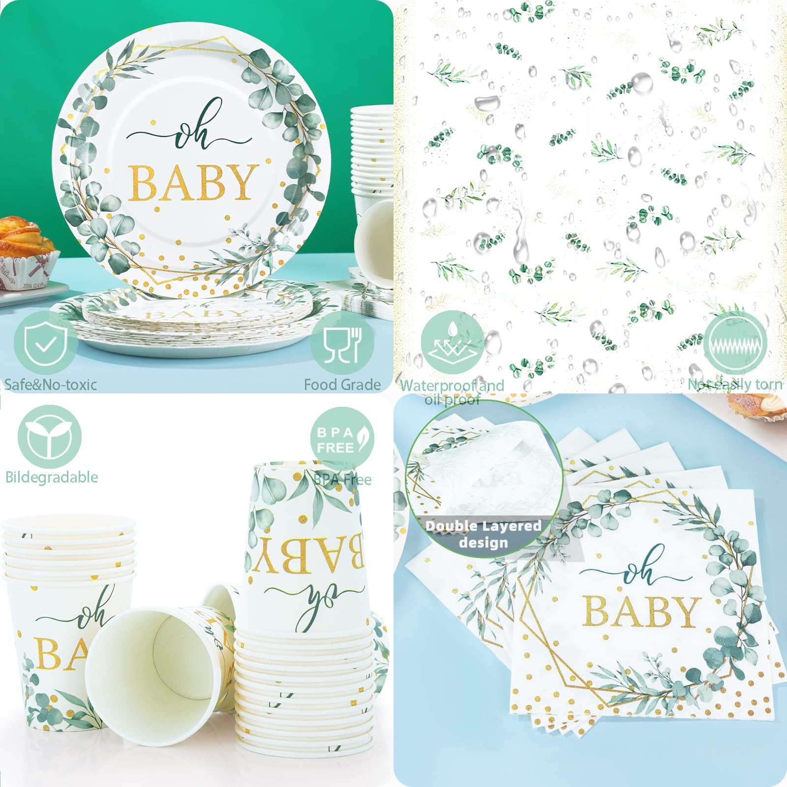 Gudvilla Sage Green Baby Shower Plates and Cups and Napkins Sets, with Sage Green Tablecloth, Baby Shower Decorations Neutral, Oh Baby Plates for Boho Baby Shower Decorations Sage Green, Serves 25