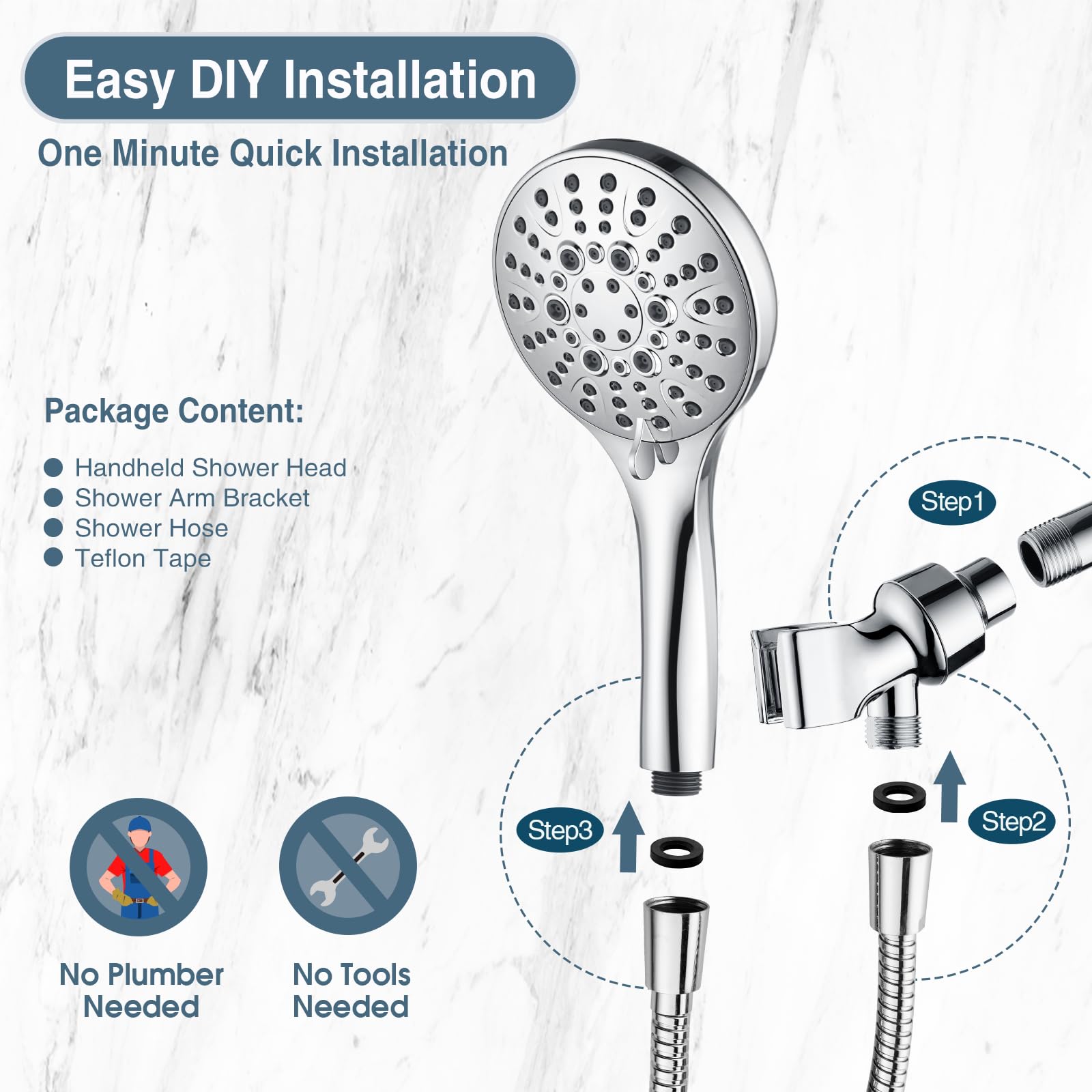 BRIGHT SHOWERS High Pressure Shower Head with Handheld, 9 Spray Settings Showerhead Built in Power Wash to Clean Tub and Pets, Extra Long 69" Hose, Adjustable Bracket, Chrome