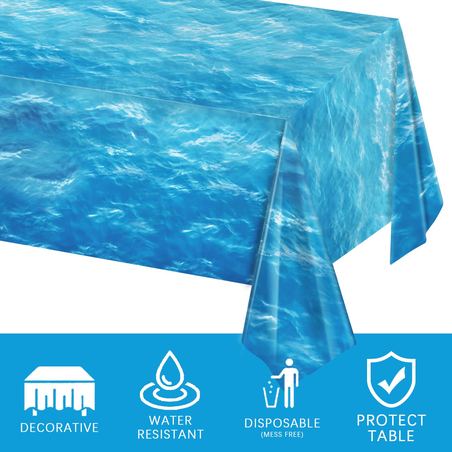 3 Pieces Ocean Waves Tablecloth 54 x 108 Inch Water Print Plastic Table Cover Ocean Party Table Cloths for Beach Pool Birthday Under The Sea Party Decorations Supplies