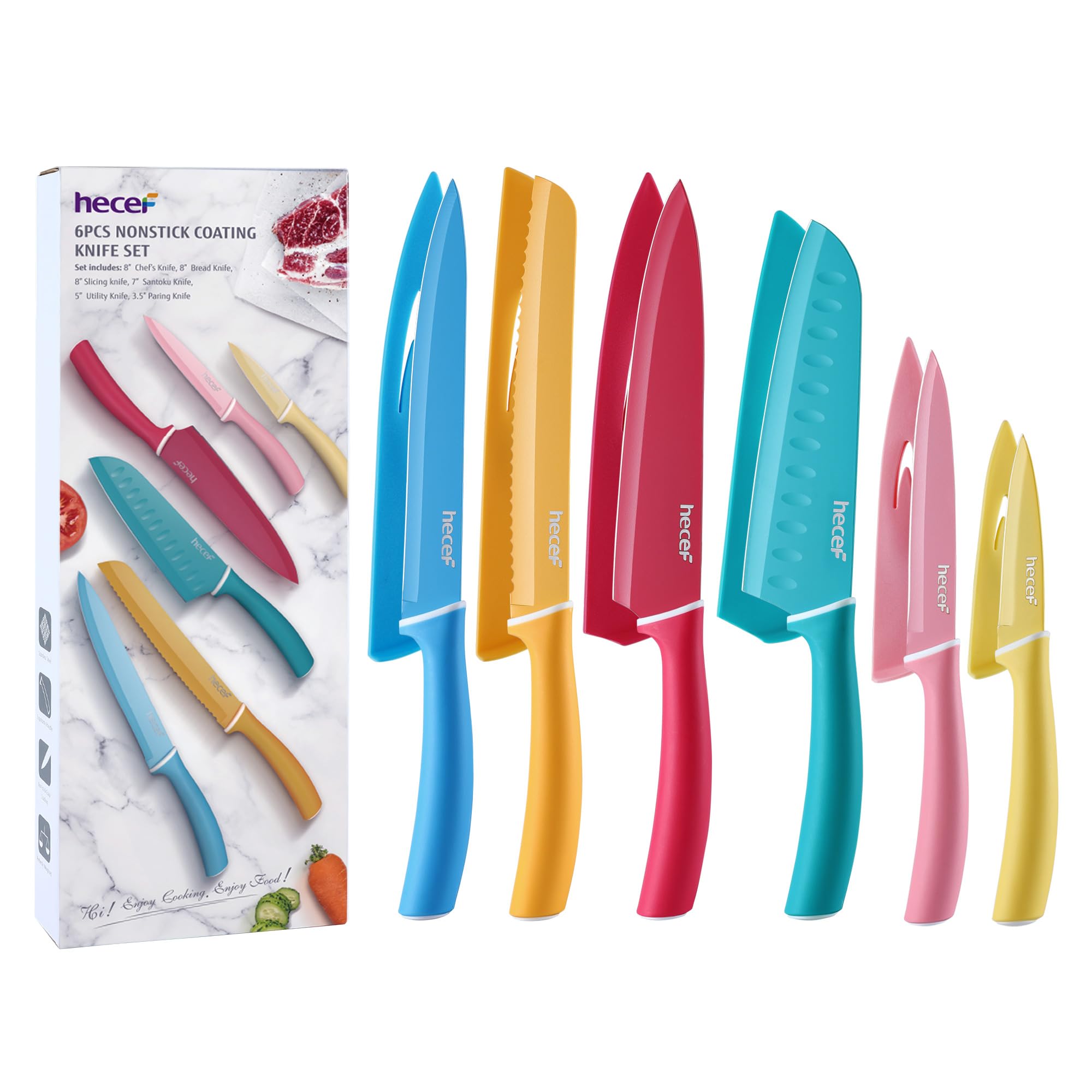 hecef Colorful Knife Set, 6 Pieces Kitchen Knife Set with Covers, Stainless Steel Colour Coded Non-Stick Cooking Knife Set Including Paring, Utility, Bread, Carving, Santoku & Chef Knife