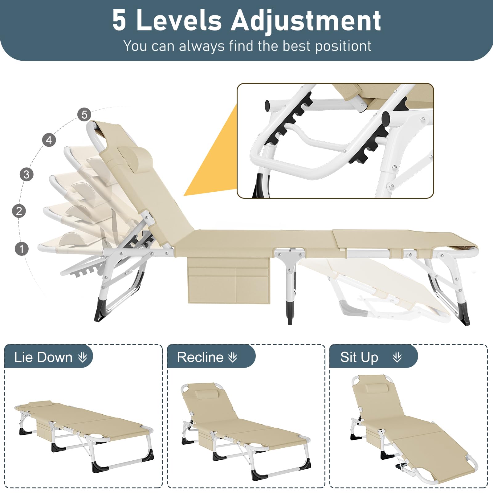 Barbella Heavy Duty Tanning Chair Lounge Chair, Folding Beach Lounger with Face Arm Hole, Adjustable 5-Position Patio Chaise Lounges for Patio, Poolside, Lawn Outside Sunbathing, Beige Gray