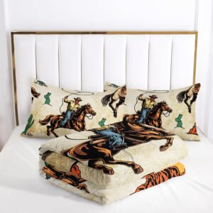 AILONEN Western Cowboy Comforter Set Twin Size, Rodeo Cowboy Riding Bull with Cacti Western Style Bedding Set for Girls Boys Girls,Ranch Jomon Bed in a Bag Duvet Set,1 Quilt and 2 Pillowcases,3PCS