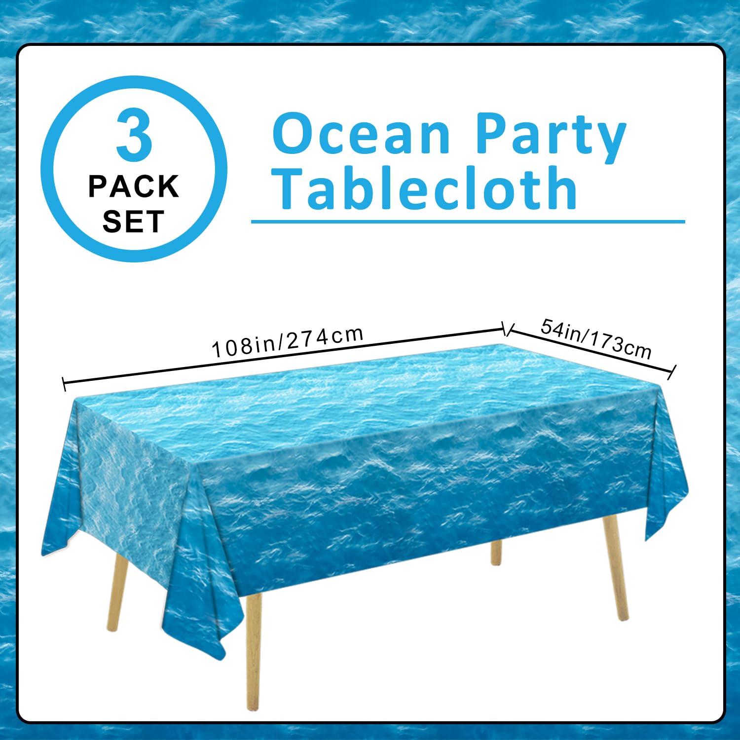 3 Pieces Ocean Waves Tablecloth 54 x 108 Inch Water Print Plastic Table Cover Ocean Party Table Cloths for Beach Pool Birthday Under The Sea Party Decorations Supplies