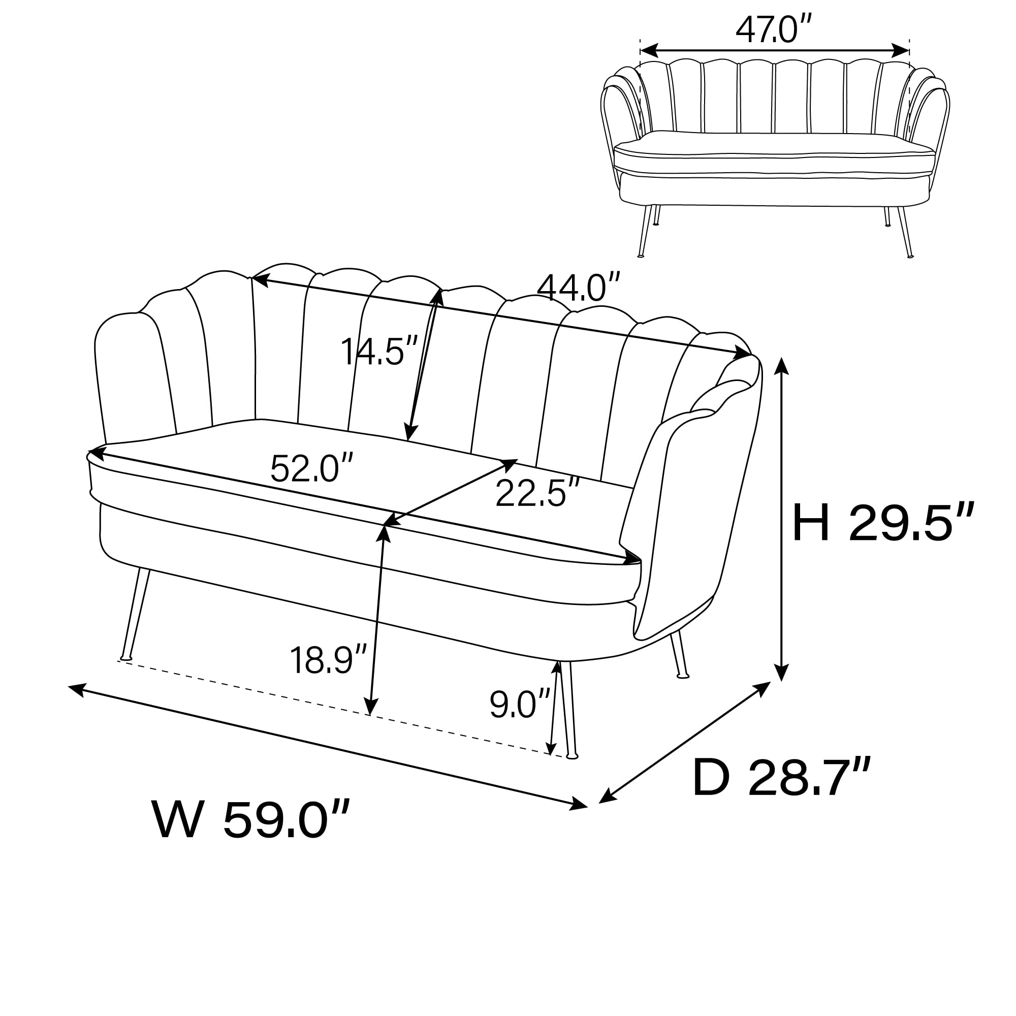 Sofa Couch 59" Elegant Curved Loveseat with Vertical Tufting - Luxurious Boucle Fabric, Gold Metal Legs, Adjustable Glides - 300 lbs Capacity per Seat,Ivory