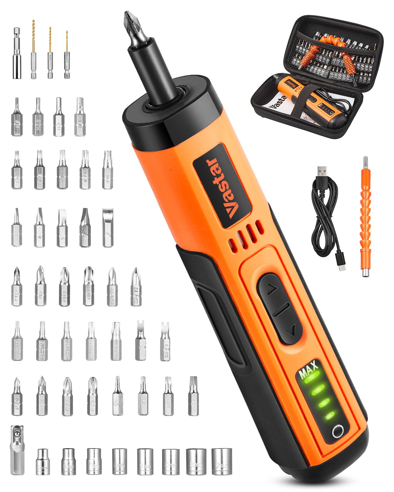 Vastar 4.2V Electric Screwdriver Kit, 4 Torque Settings, 49 in 1 Cordless Rechargeable Screwdriver with LED Light, 35 CRV Steel Screwdriver Bits, 8 Sockets, Magnetic Hex Chuck, Bit Holders